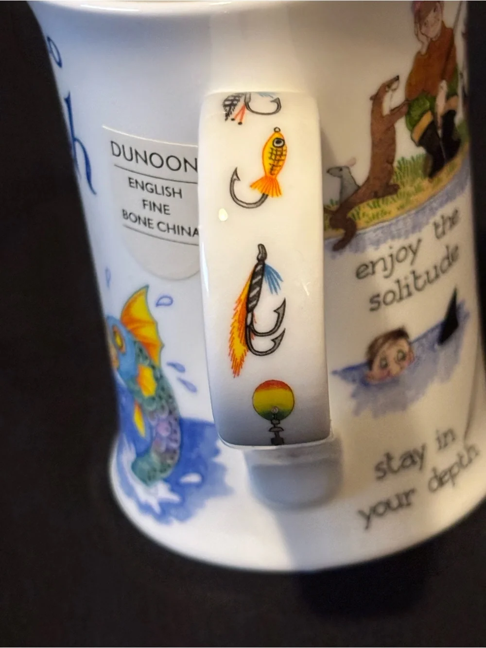 Bone China 'How to Fish' Illustrated Mug - White with Blue and Multicolor Art